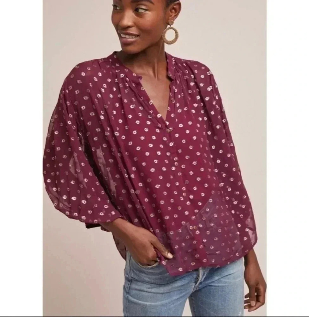 Anthropologie Moulinette Soeurs Allegra Foil-Print Bohemian Peasant Blouse(XS)